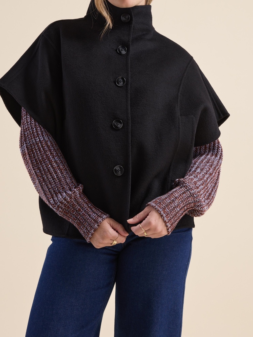 Garnet Hill F/W2010 Black Lambswool Angora Button-Up Capelet Poncho Cardigan M